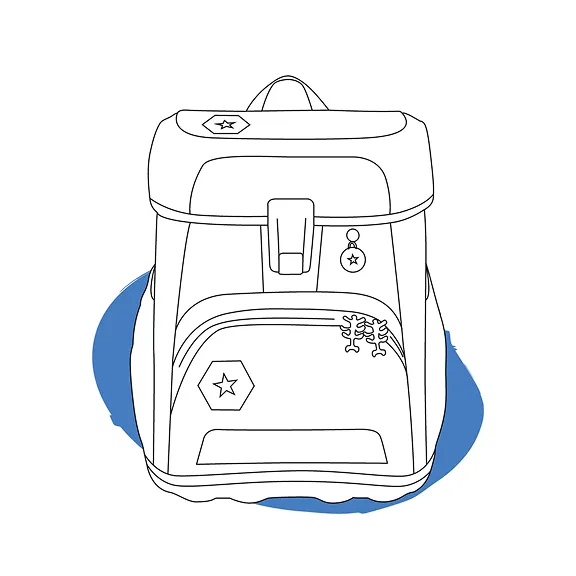 Strichzeichnung des Schulranzens CLOUD vor blauem Klecks mit dem Text Der leichte Schulranzen